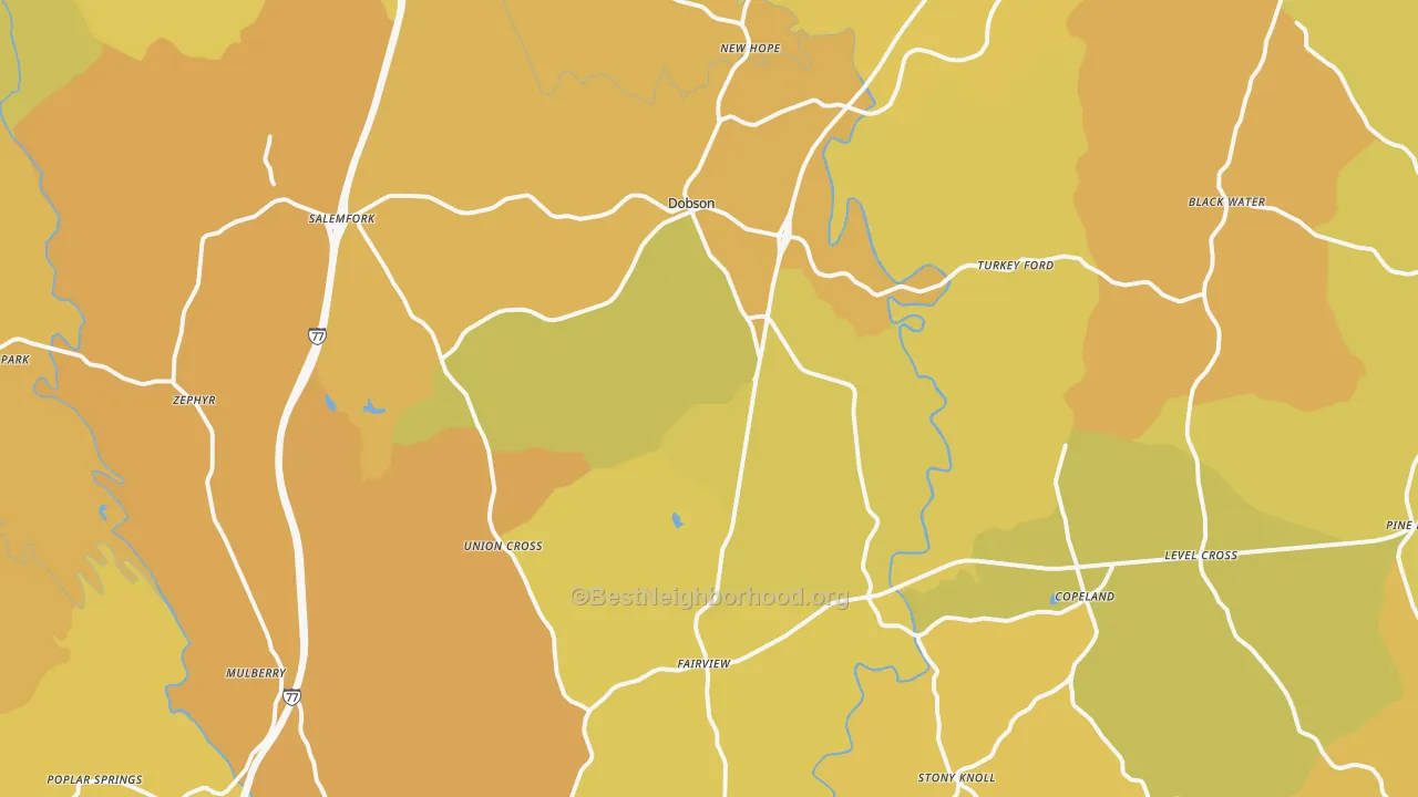 Map of the best neighborhoods in the 27017 area, with better matches in green and worse matches in red