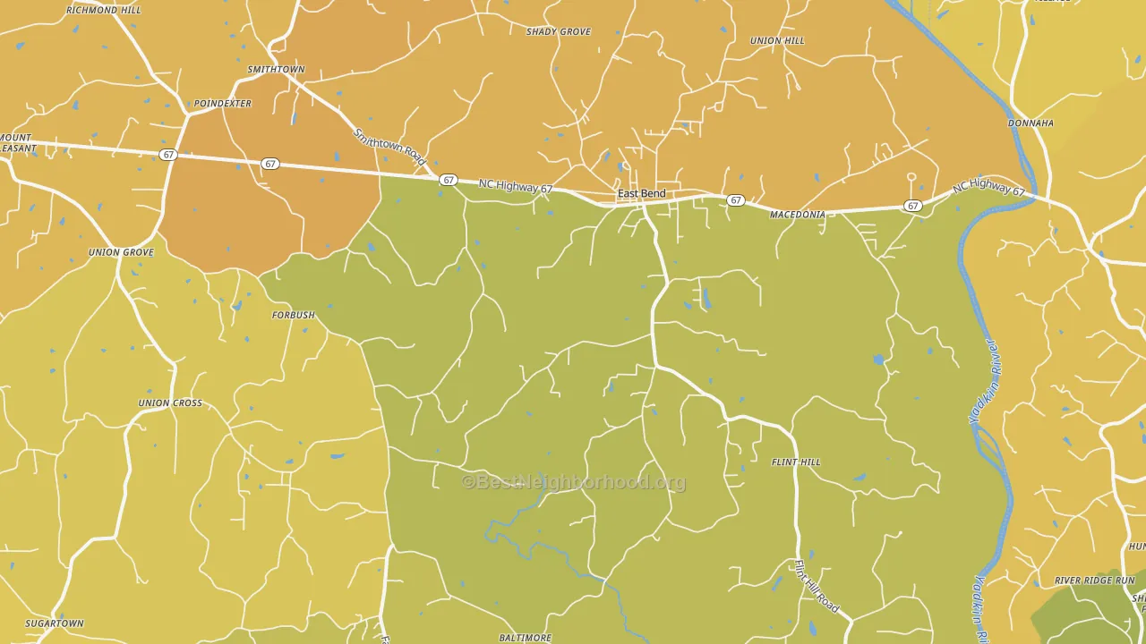 Map of the best neighborhoods in the 27018 area, with better matches in green and worse matches in red