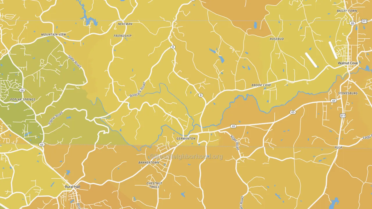 Map of the best neighborhoods in the 27019 area, with better matches in green and worse matches in red