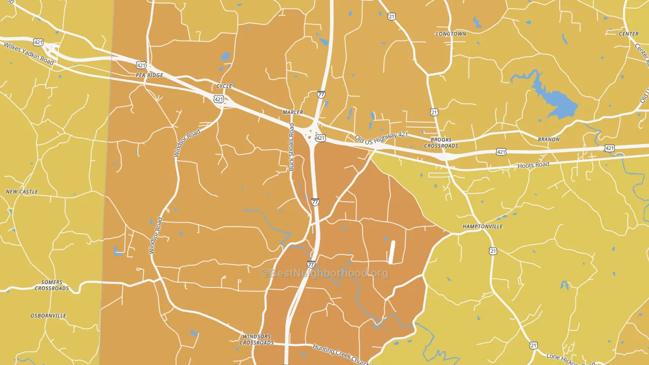 Map of the best neighborhoods in the 27020 area, with better matches in green and worse matches in red