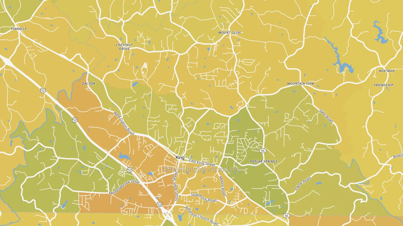 Map of the best neighborhoods in the 27021 area, with better matches in green and worse matches in red