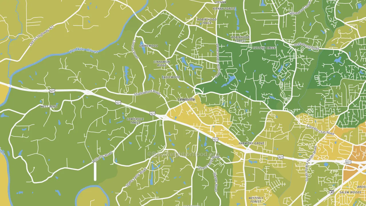 Map of the best neighborhoods in the 27023 area, with better matches in green and worse matches in red