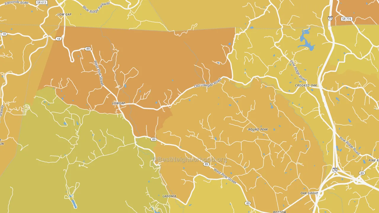 Map of the best neighborhoods in the 27024 area, with better matches in green and worse matches in red