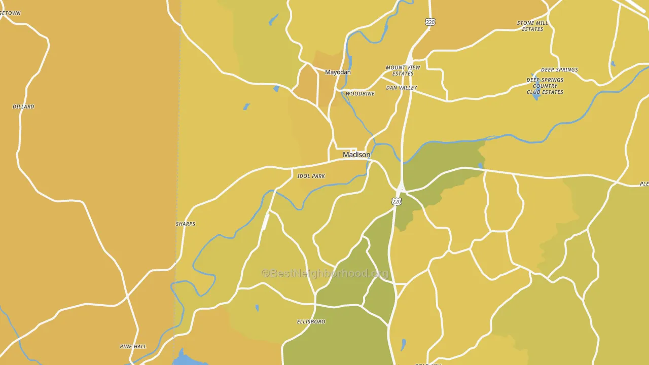 Map of the best neighborhoods in the 27025 area, with better matches in green and worse matches in red