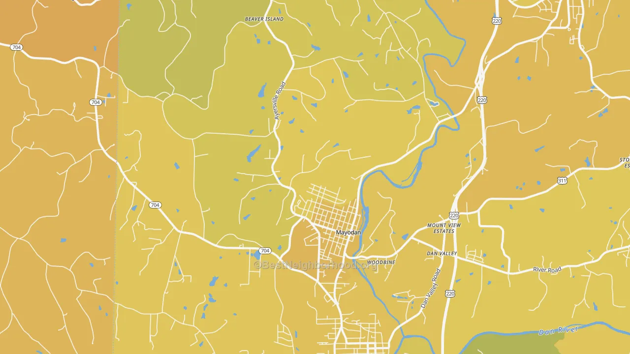 Map of the best neighborhoods in the 27027 area, with better matches in green and worse matches in red