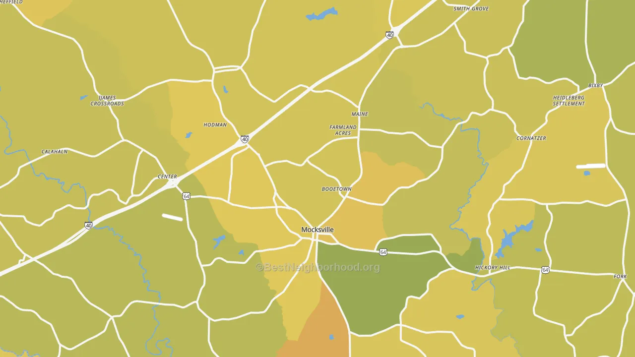 Map of the best neighborhoods in the 27028 area, with better matches in green and worse matches in red