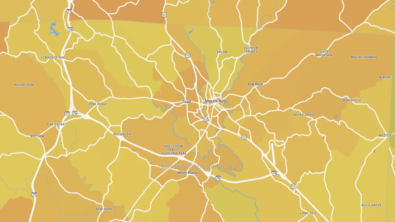 Map of the best neighborhoods in the 27030 area, with better matches in green and worse matches in red