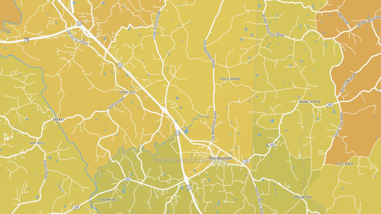 Map of the best neighborhoods in the 27041 area, with better matches in green and worse matches in red