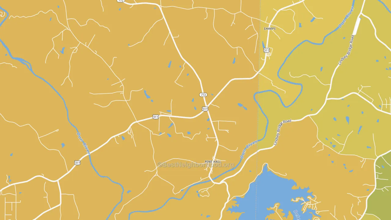 Map of the best neighborhoods in the 27042 area, with better matches in green and worse matches in red