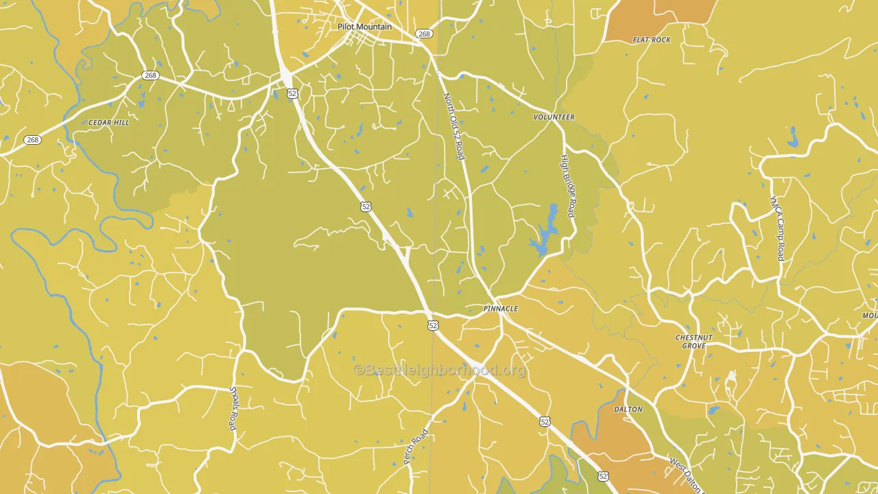 Map of the best neighborhoods in the 27043 area, with better matches in green and worse matches in red