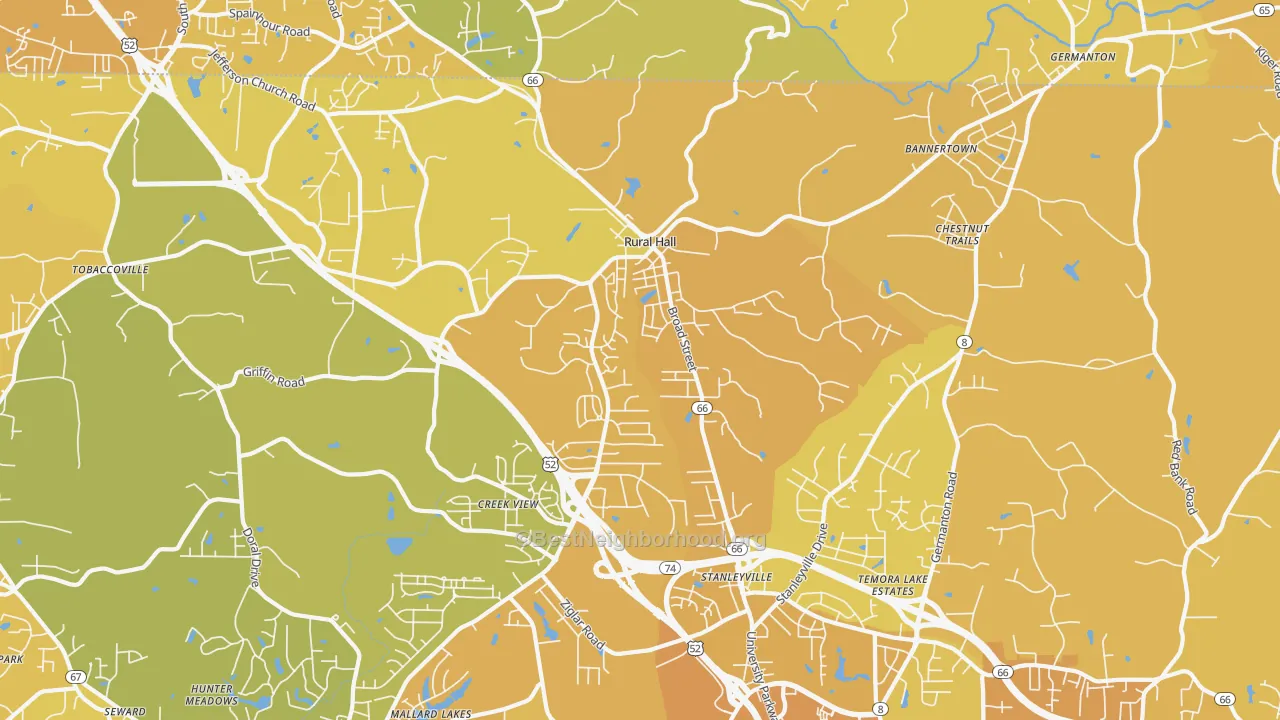 Map of the best neighborhoods in the 27045 area, with better matches in green and worse matches in red