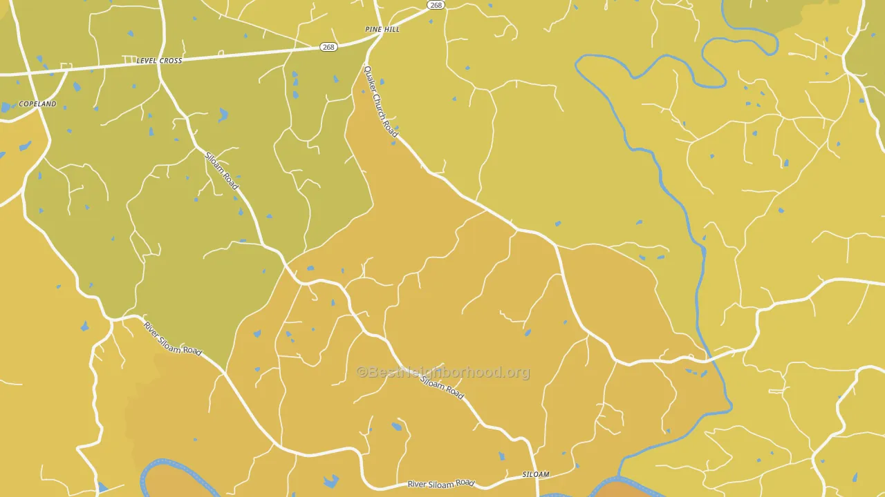 Map of the best neighborhoods in the 27047 area, with better matches in green and worse matches in red