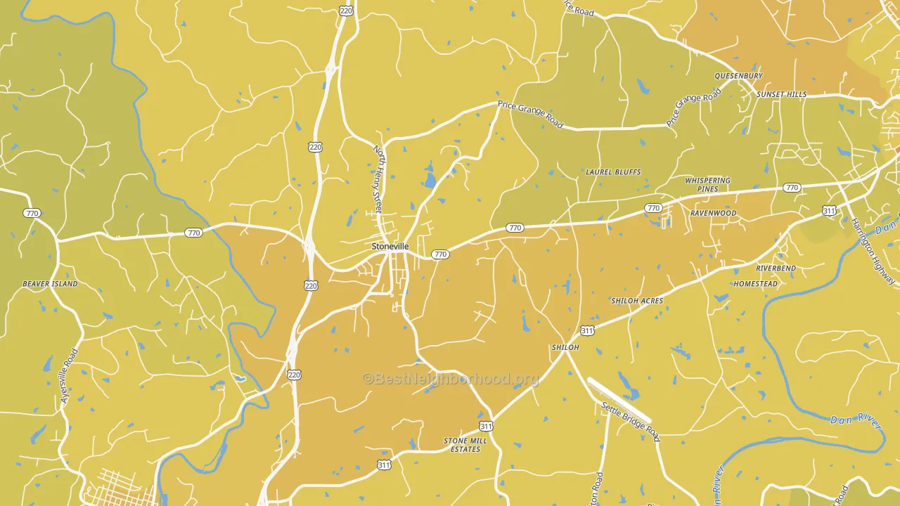 Map of the best neighborhoods in the 27048 area, with better matches in green and worse matches in red
