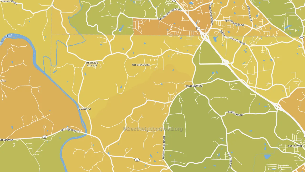 Map of the best neighborhoods in the 27050 area, with better matches in green and worse matches in red