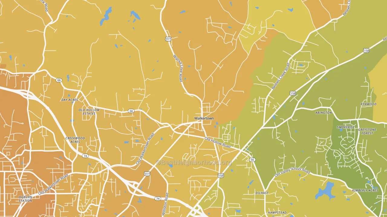 Map of the best neighborhoods in the 27051 area, with better matches in green and worse matches in red
