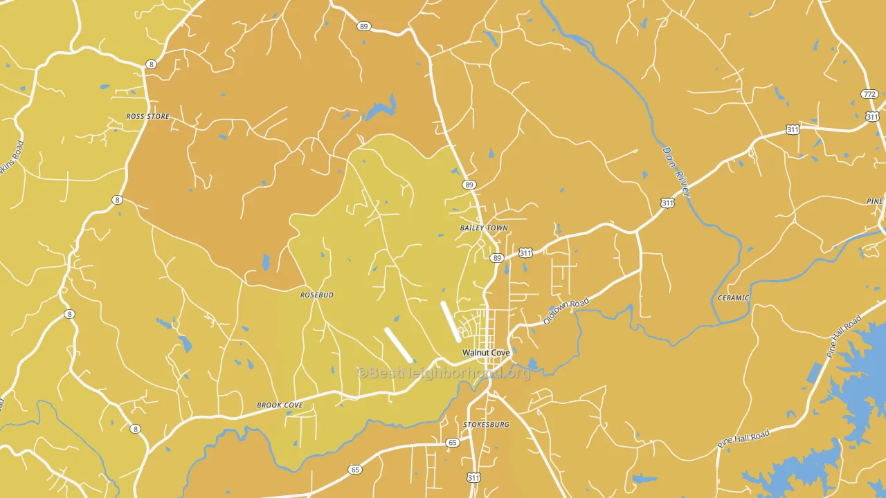 Map of the best neighborhoods in the 27052 area, with better matches in green and worse matches in red
