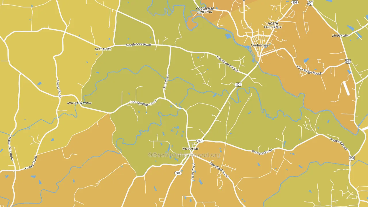 Map of the best neighborhoods in the 27054 area, with better matches in green and worse matches in red
