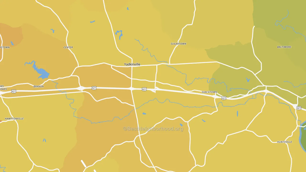 Map of the best neighborhoods in the 27055 area, with better matches in green and worse matches in red