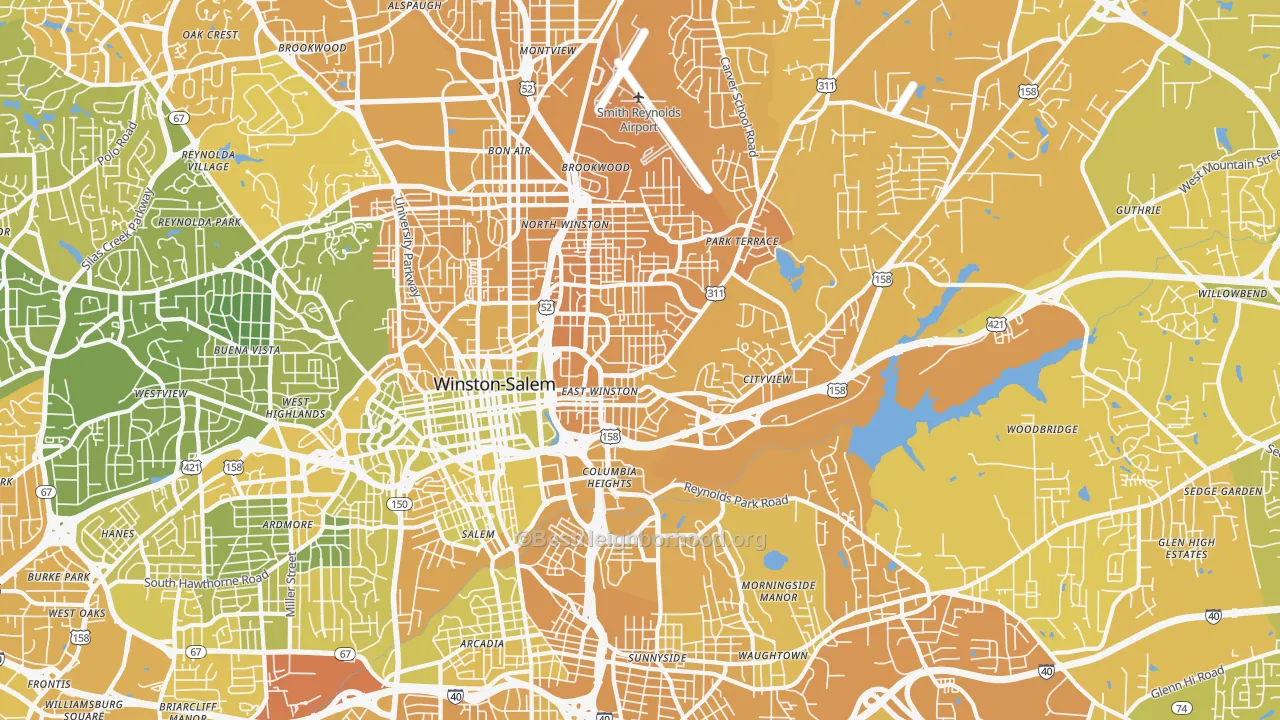 Map of the best neighborhoods in the 27101 area, with better matches in green and worse matches in red