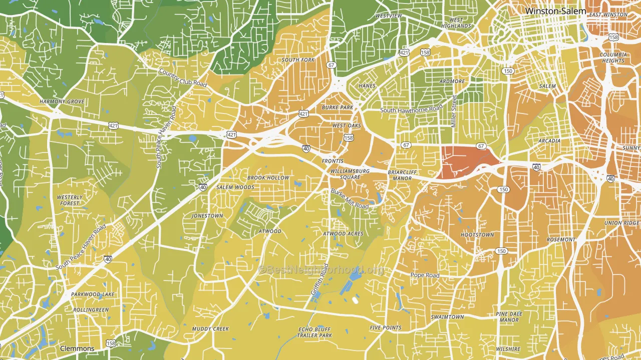 Map of the best neighborhoods in the 27103 area, with better matches in green and worse matches in red
