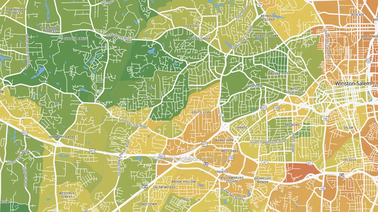 Map of the best neighborhoods in the 27104 area, with better matches in green and worse matches in red