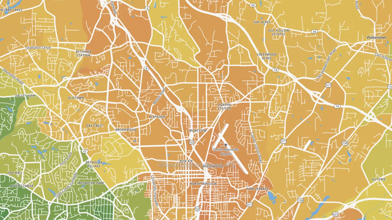 Map of the best neighborhoods in the 27105 area, with better matches in green and worse matches in red