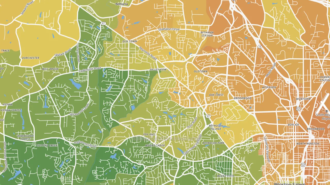 Map of the best neighborhoods in the 27106 area, with better matches in green and worse matches in red