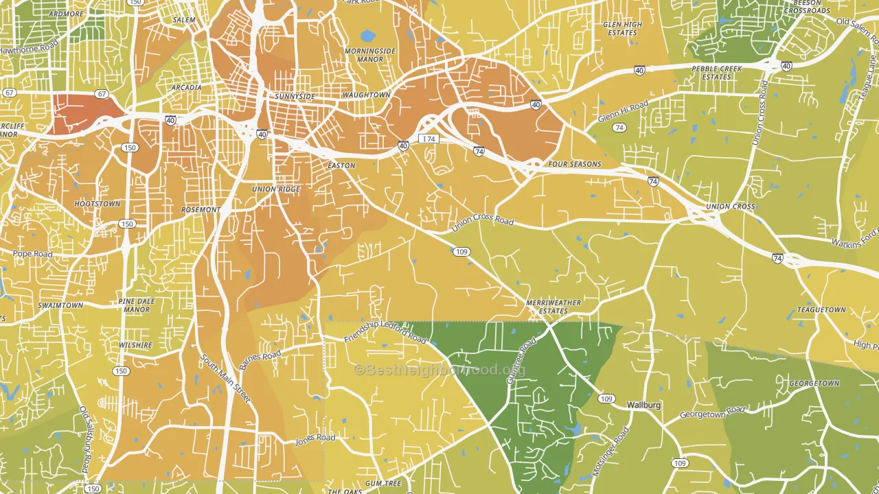 Map of the best neighborhoods in the 27107 area, with better matches in green and worse matches in red