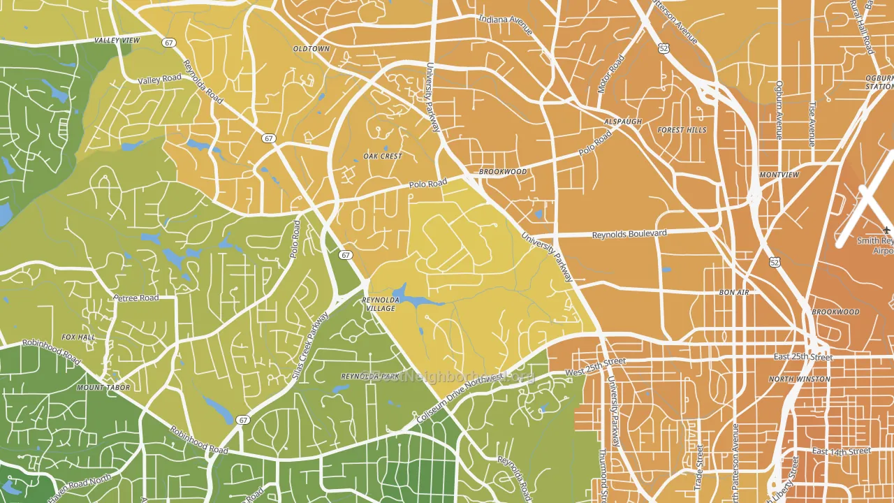 Map of the best neighborhoods in the 27109 area, with better matches in green and worse matches in red