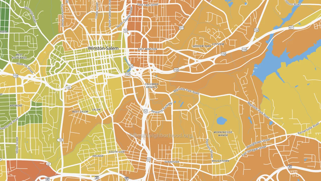 Map of the best neighborhoods in the 27110 area, with better matches in green and worse matches in red