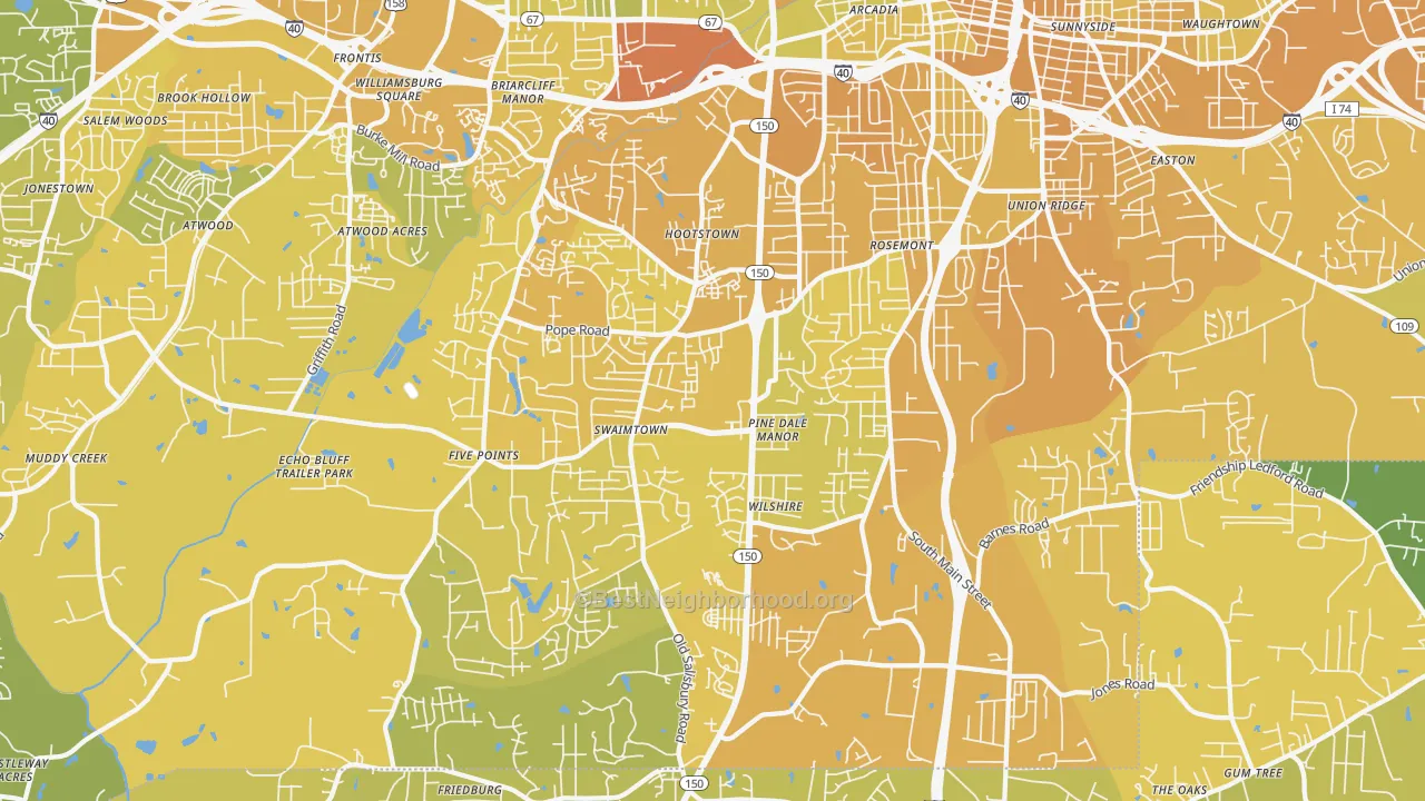 Map of the best neighborhoods in the 27127 area, with better matches in green and worse matches in red
