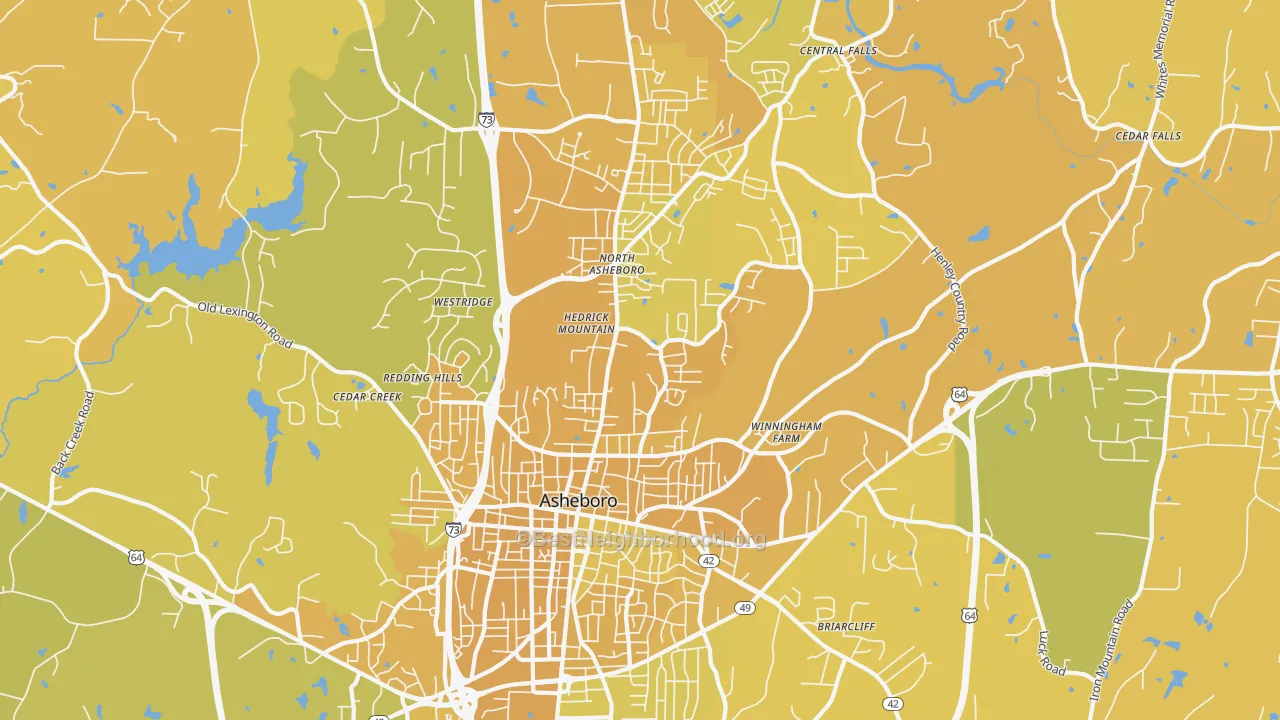 Map of the best neighborhoods in the 27203 area, with better matches in green and worse matches in red