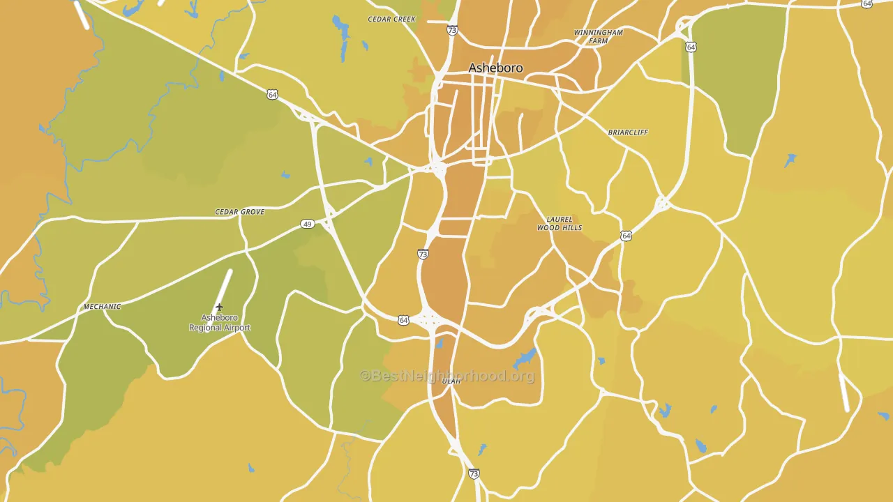 Map of the best neighborhoods in the 27205 area, with better matches in green and worse matches in red
