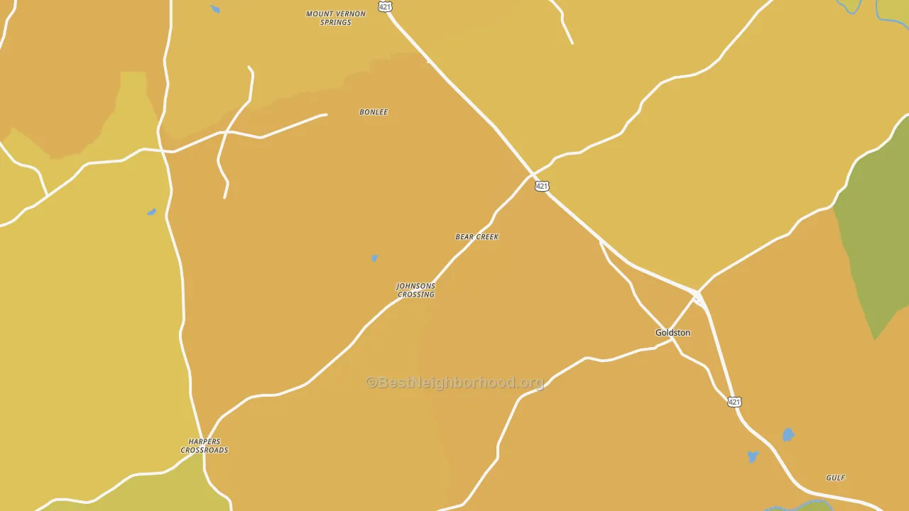 Map of the best neighborhoods in the 27207 area, with better matches in green and worse matches in red