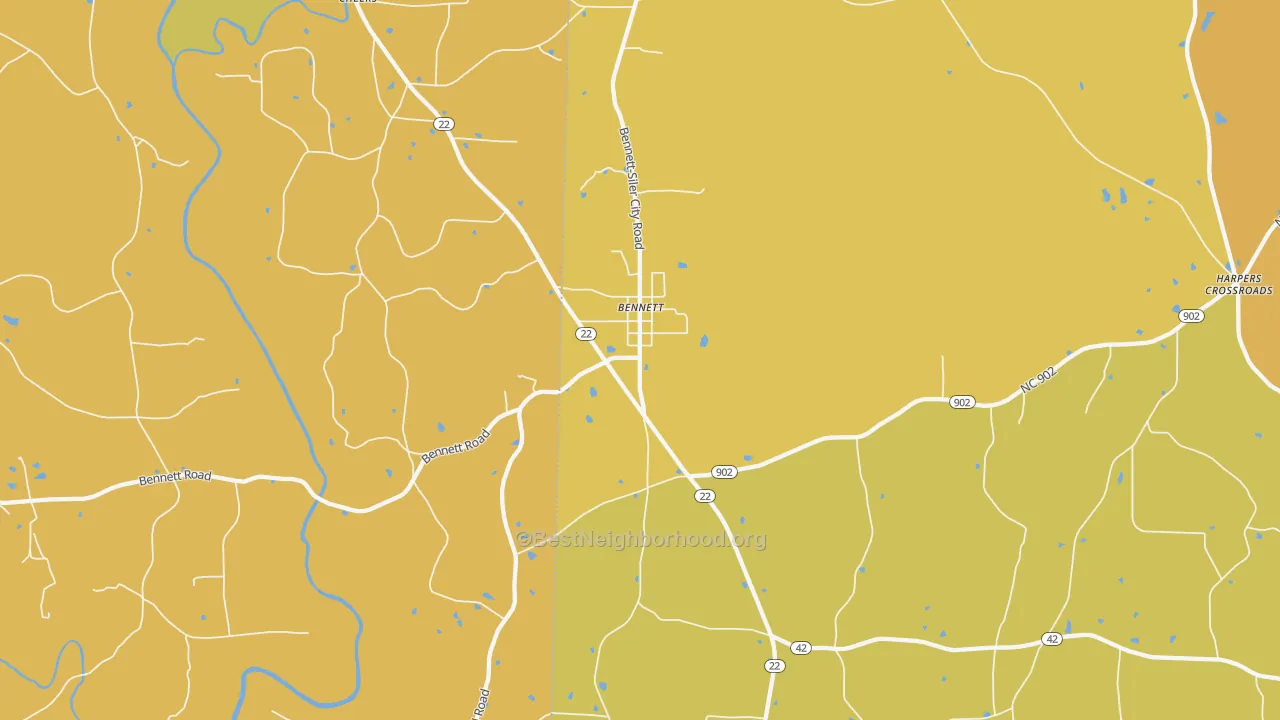 Map of the best neighborhoods in the 27208 area, with better matches in green and worse matches in red