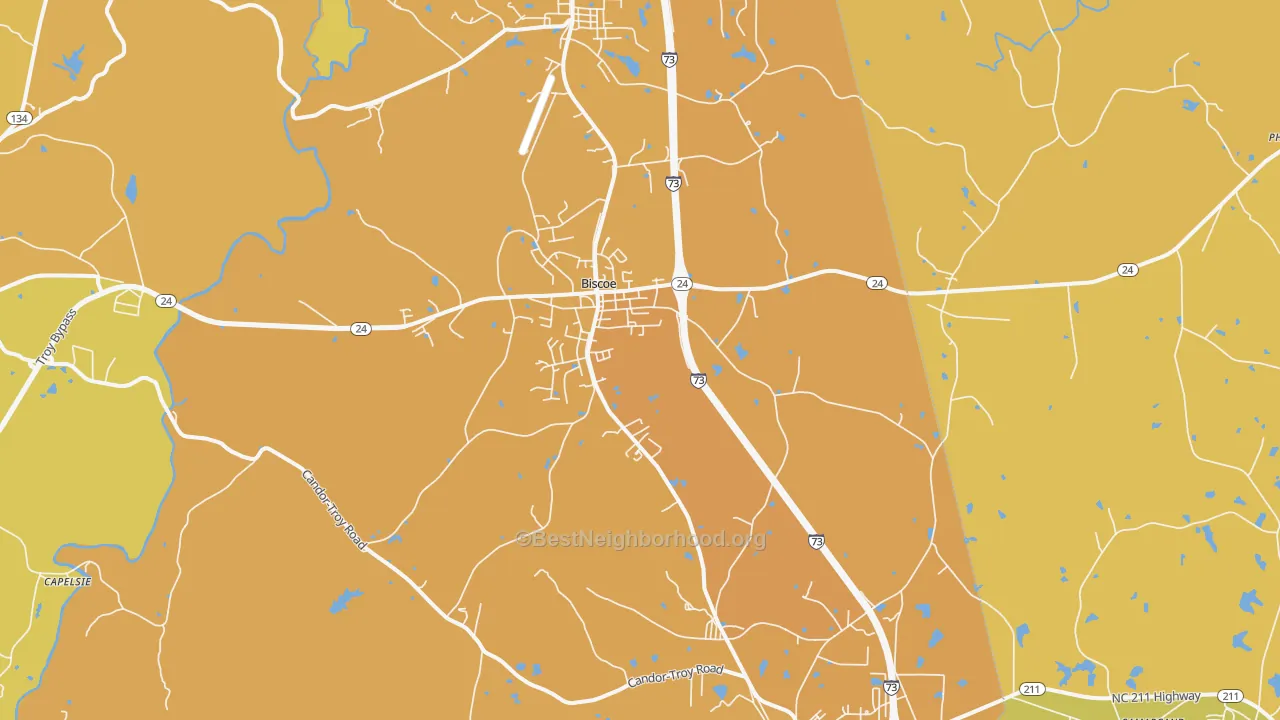 Map of the best neighborhoods in the 27209 area, with better matches in green and worse matches in red