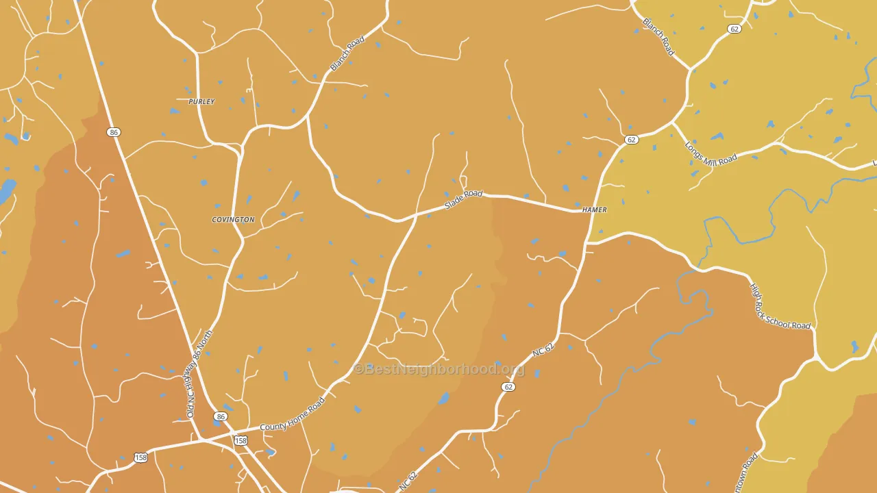 Map of the best neighborhoods in the 27212 area, with better matches in green and worse matches in red