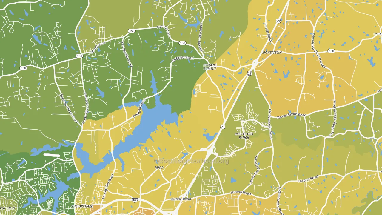 Map of the best neighborhoods in the 27214 area, with better matches in green and worse matches in red