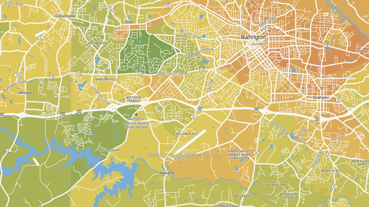 Map of the best neighborhoods in the 27215 area, with better matches in green and worse matches in red