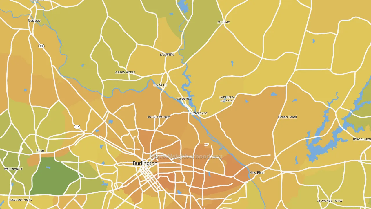 Map of the best neighborhoods in the 27217 area, with better matches in green and worse matches in red