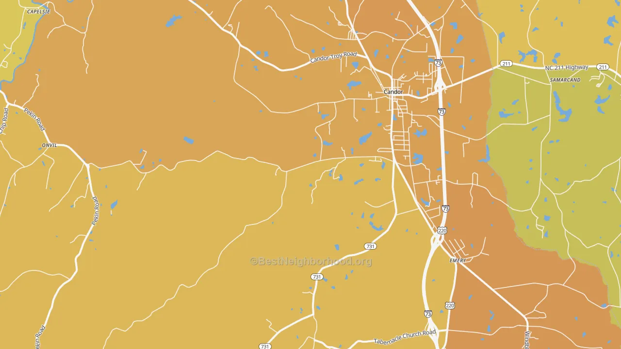 Map of the best neighborhoods in the 27229 area, with better matches in green and worse matches in red