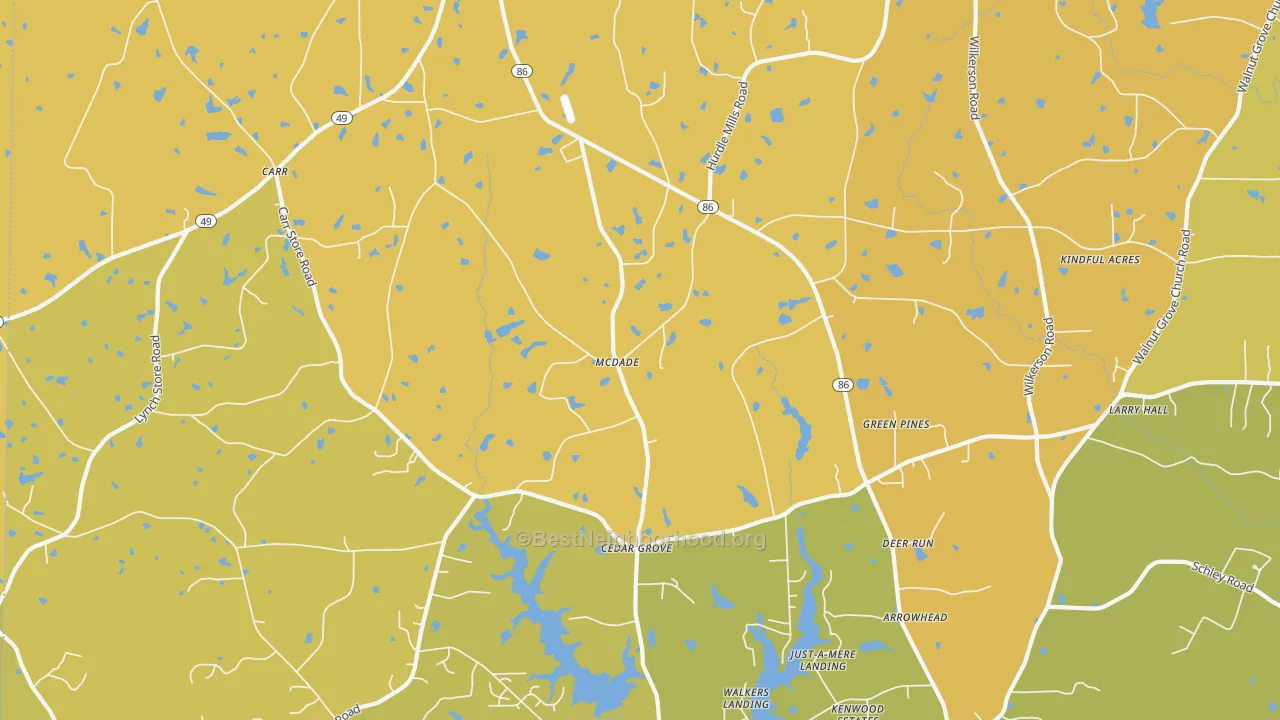 Map of the best neighborhoods in the 27231 area, with better matches in green and worse matches in red