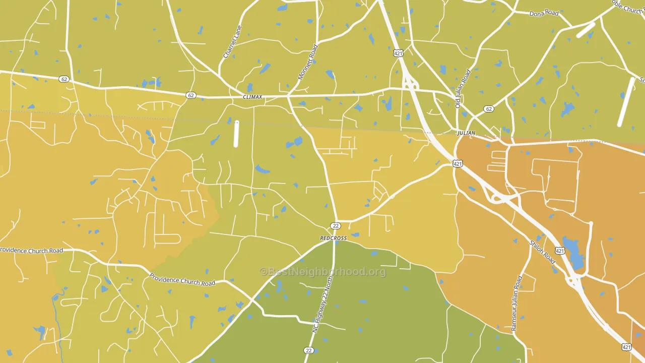 Map of the best neighborhoods in the 27233 area, with better matches in green and worse matches in red