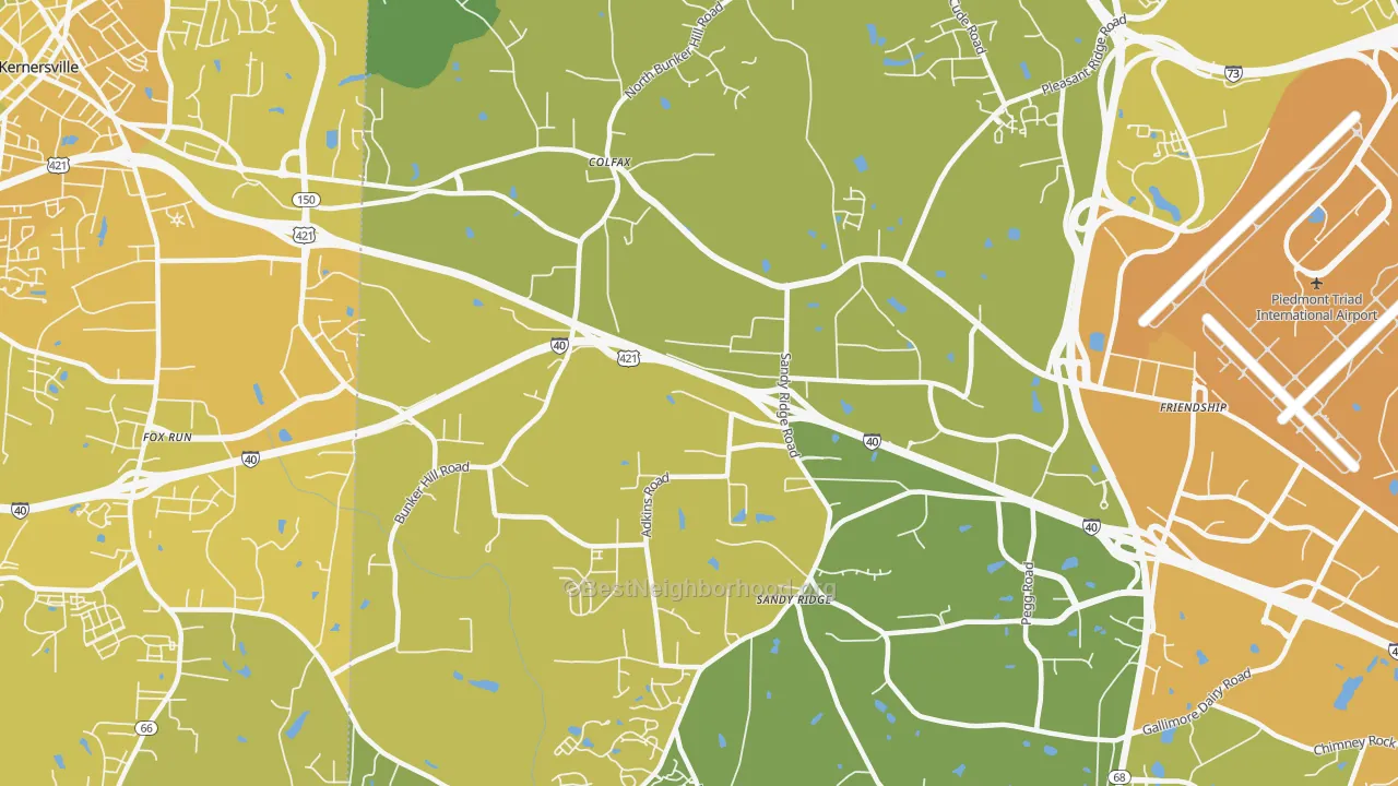 Map of the best neighborhoods in the 27235 area, with better matches in green and worse matches in red