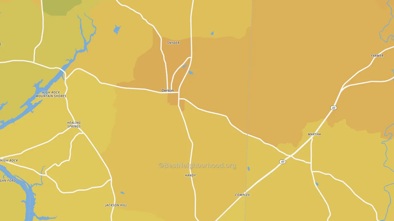 Map of the best neighborhoods in the 27239 area, with better matches in green and worse matches in red