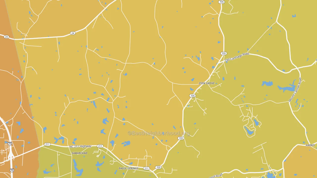 Map of the best neighborhoods in the 27242 area, with better matches in green and worse matches in red