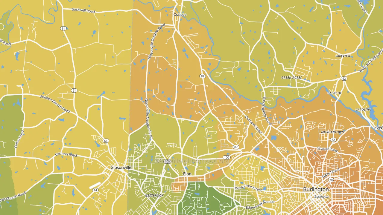 Map of the best neighborhoods in the 27244 area, with better matches in green and worse matches in red