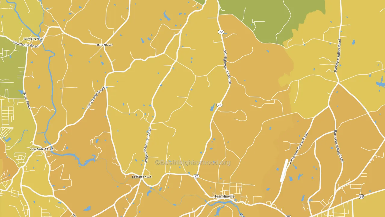 Map of the best neighborhoods in the 27248 area, with better matches in green and worse matches in red