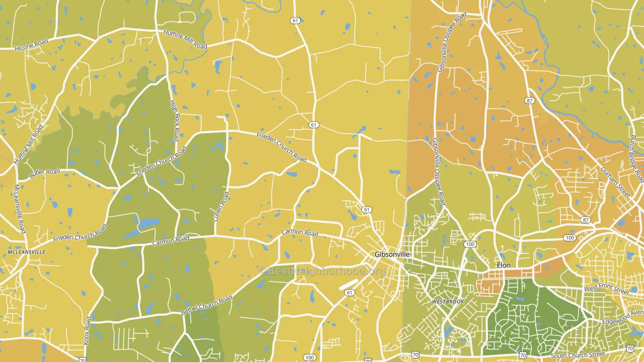 Map of the best neighborhoods in the 27249 area, with better matches in green and worse matches in red