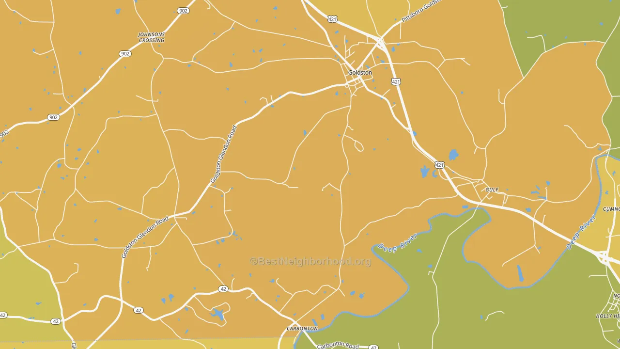Map of the best neighborhoods in the 27252 area, with better matches in green and worse matches in red